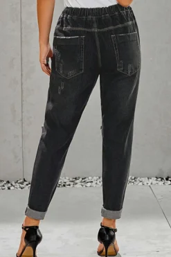 Discount Dear-Lover Gather Round Distressed Pocketed Denim Jogger Black
