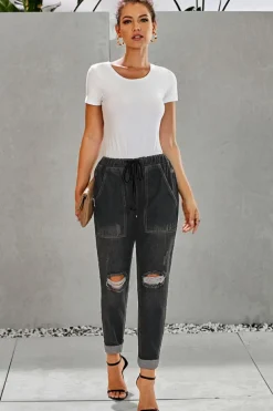 Discount Dear-Lover Gather Round Distressed Pocketed Denim Jogger Black