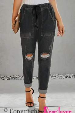 Discount Dear-Lover Gather Round Distressed Pocketed Denim Jogger Black