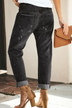 Discount Dear-Lover Gather Round Distressed Pocketed Denim Jogger Black