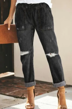 Discount Dear-Lover Gather Round Distressed Pocketed Denim Jogger Black