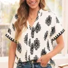 Outlet Dear-Lover Geometric Print Short Sleeve V Neck Blouse Black
