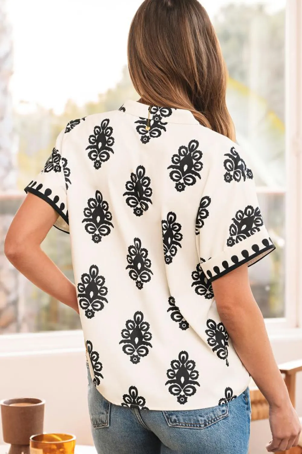 Outlet Dear-Lover Geometric Print Short Sleeve V Neck Blouse Black