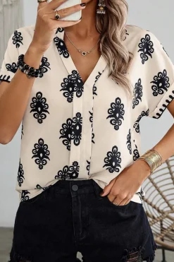 Outlet Dear-Lover Geometric Print Short Sleeve V Neck Blouse Black