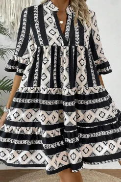 Hot Dear-Lover Geometric Print V Neck Ruffled Dress Black