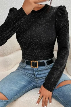 Hot Dear-Lover Gigot Sleeve Metallic Knit Slim Fit Top Black