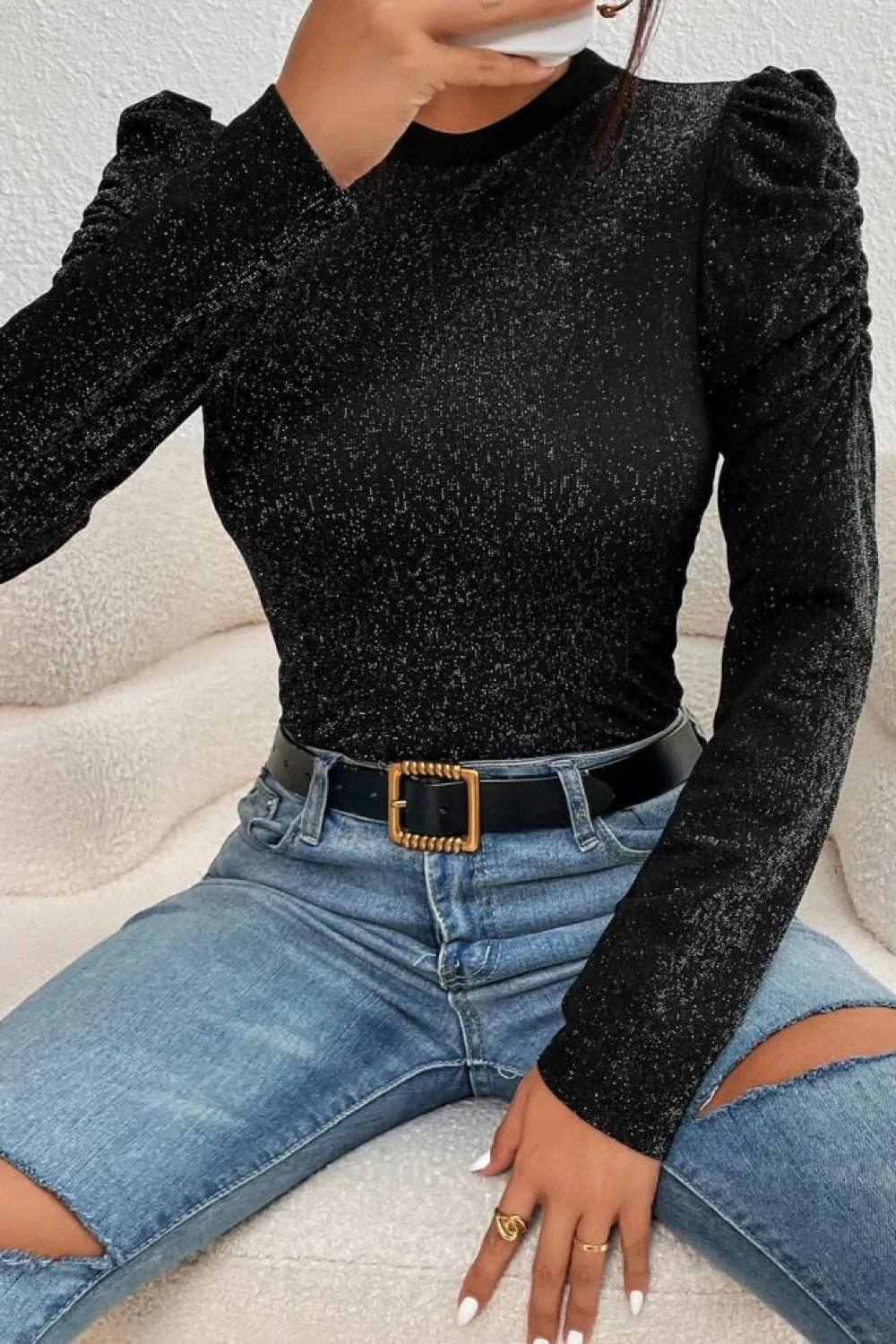 Hot Dear-Lover Gigot Sleeve Metallic Knit Slim Fit Top Black