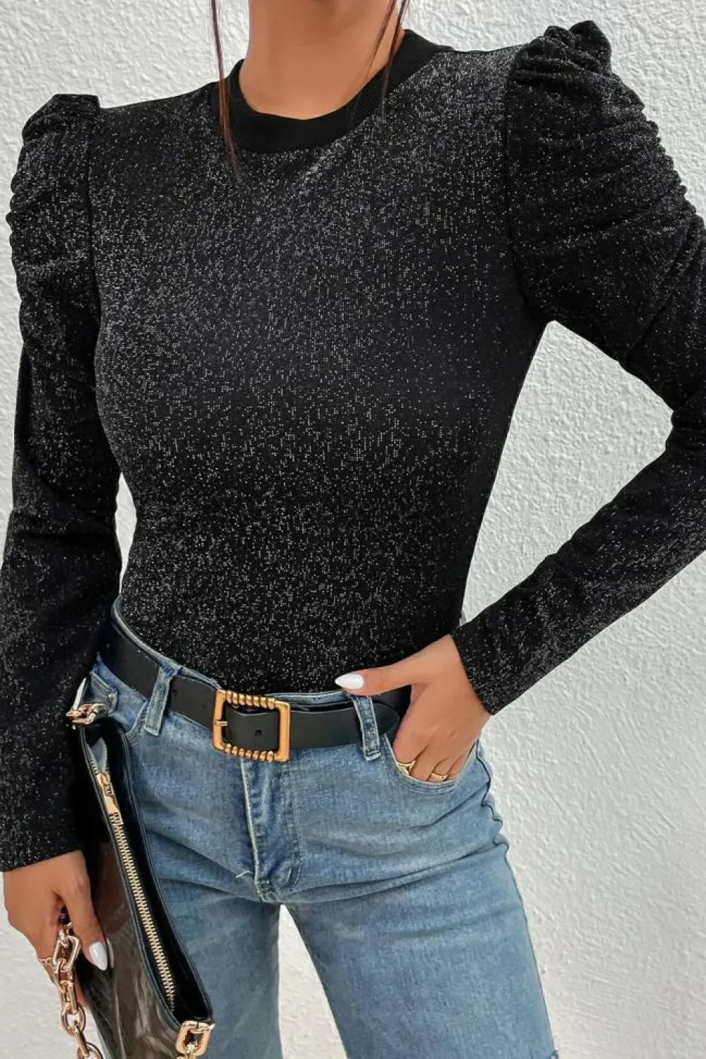 Hot Dear-Lover Gigot Sleeve Metallic Knit Slim Fit Top Black