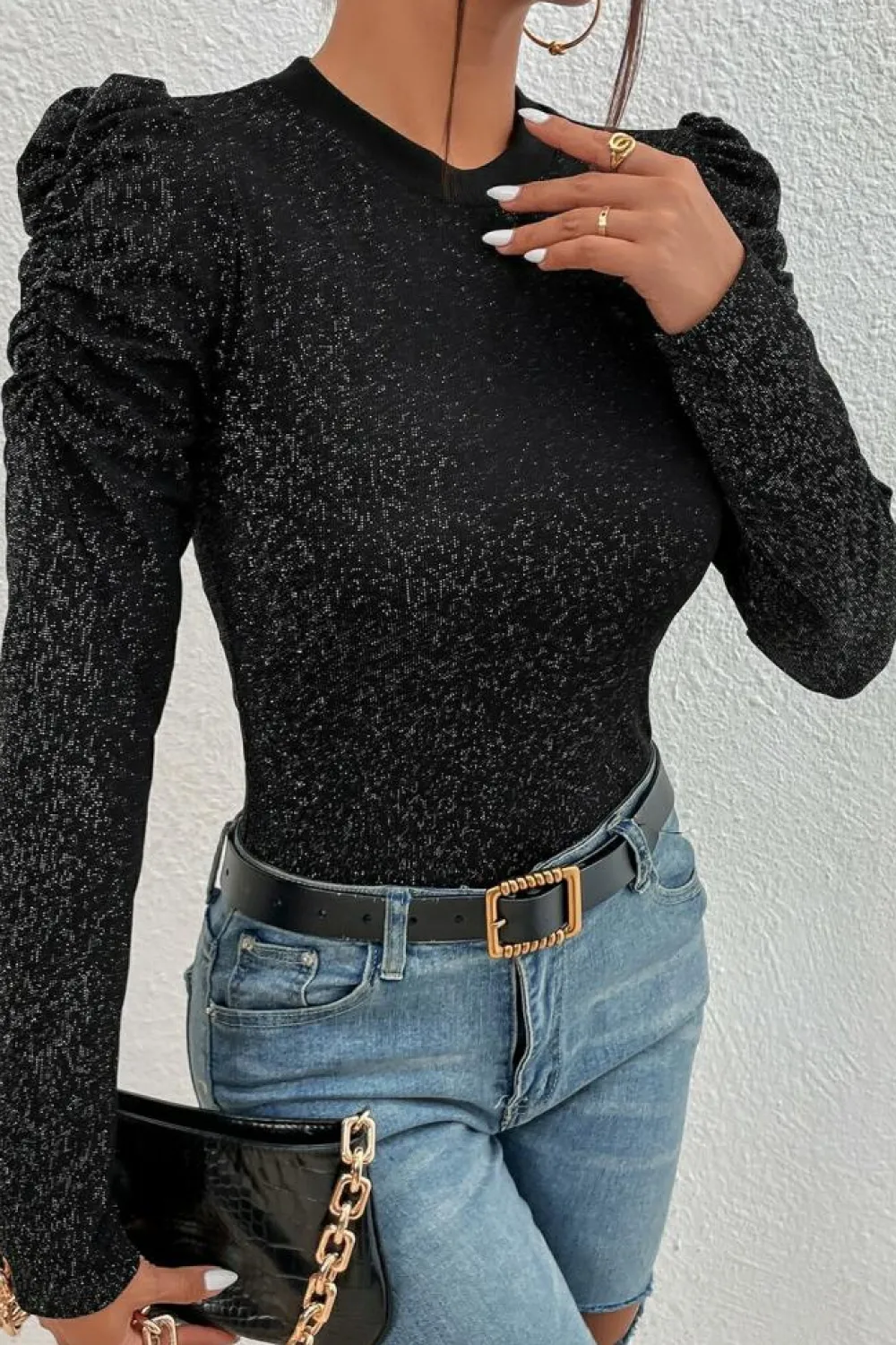 Hot Dear-Lover Gigot Sleeve Metallic Knit Slim Fit Top Black