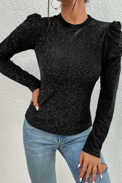 Hot Dear-Lover Gigot Sleeve Metallic Knit Slim Fit Top Black