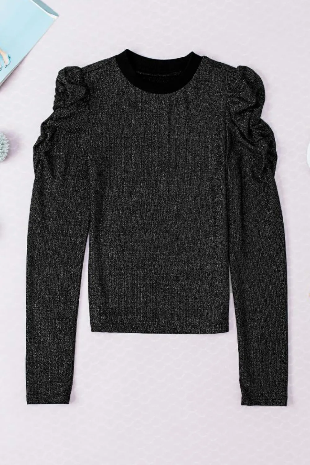 Hot Dear-Lover Gigot Sleeve Metallic Knit Slim Fit Top Black