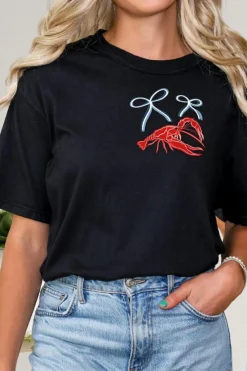 Hot Dear-Lover Girlie Bow Crawfish Printed T Shirt Black
