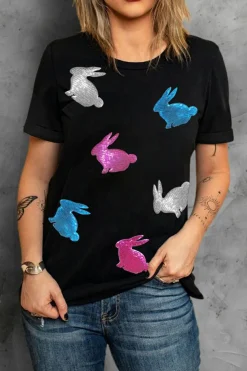 Online Dear-Lover Glitter Easter Bunny Round Neck T-shirt Black