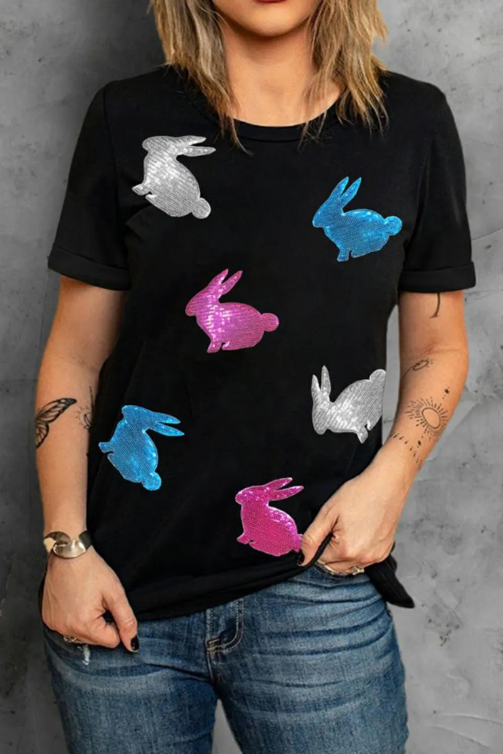 Online Dear-Lover Glitter Easter Bunny Round Neck T-shirt Black