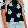 Hot Dear-Lover Glitter Ghost Pattern Crew Neck Halloween T Shirt Black
