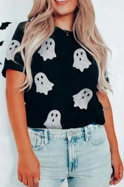Hot Dear-Lover Glitter Ghost Pattern Crew Neck Halloween T Shirt Black