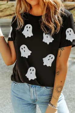 Hot Dear-Lover Glitter Ghost Pattern Crew Neck Halloween T Shirt Black