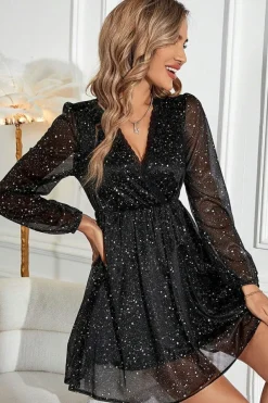 Clearance Dear-Lover Glitter Mesh Overlay V Neck Long Sleeve Dress Black