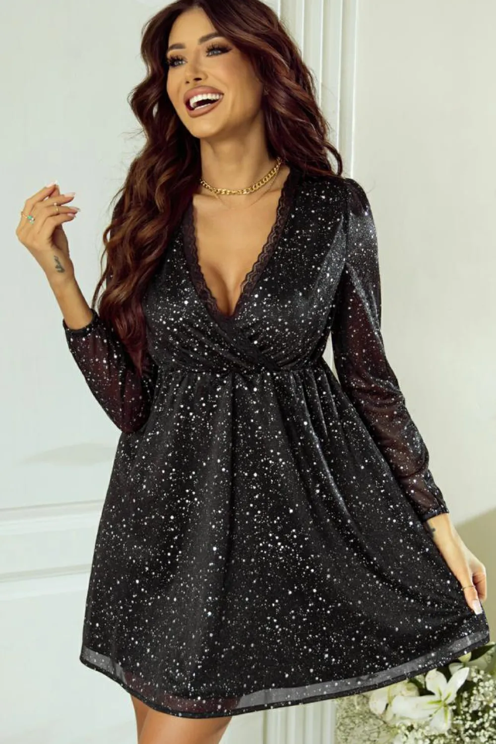Clearance Dear-Lover Glitter Mesh Overlay V Neck Long Sleeve Dress Black