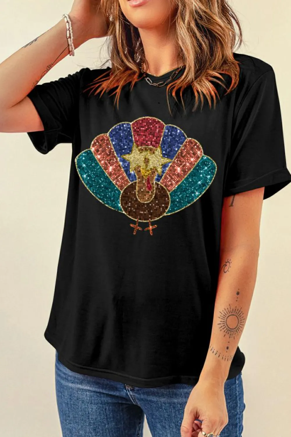 New Dear-Lover Glitter Turkey Heat Transfer Printing Thanksgiving T Shirt Black