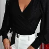 Best Dear-Lover Glitter Wrap V Neck Tie Hem Puff Sleeve Blouse Black