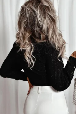 Best Dear-Lover Glitter Wrap V Neck Tie Hem Puff Sleeve Blouse Black