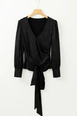 Best Dear-Lover Glitter Wrap V Neck Tie Hem Puff Sleeve Blouse Black