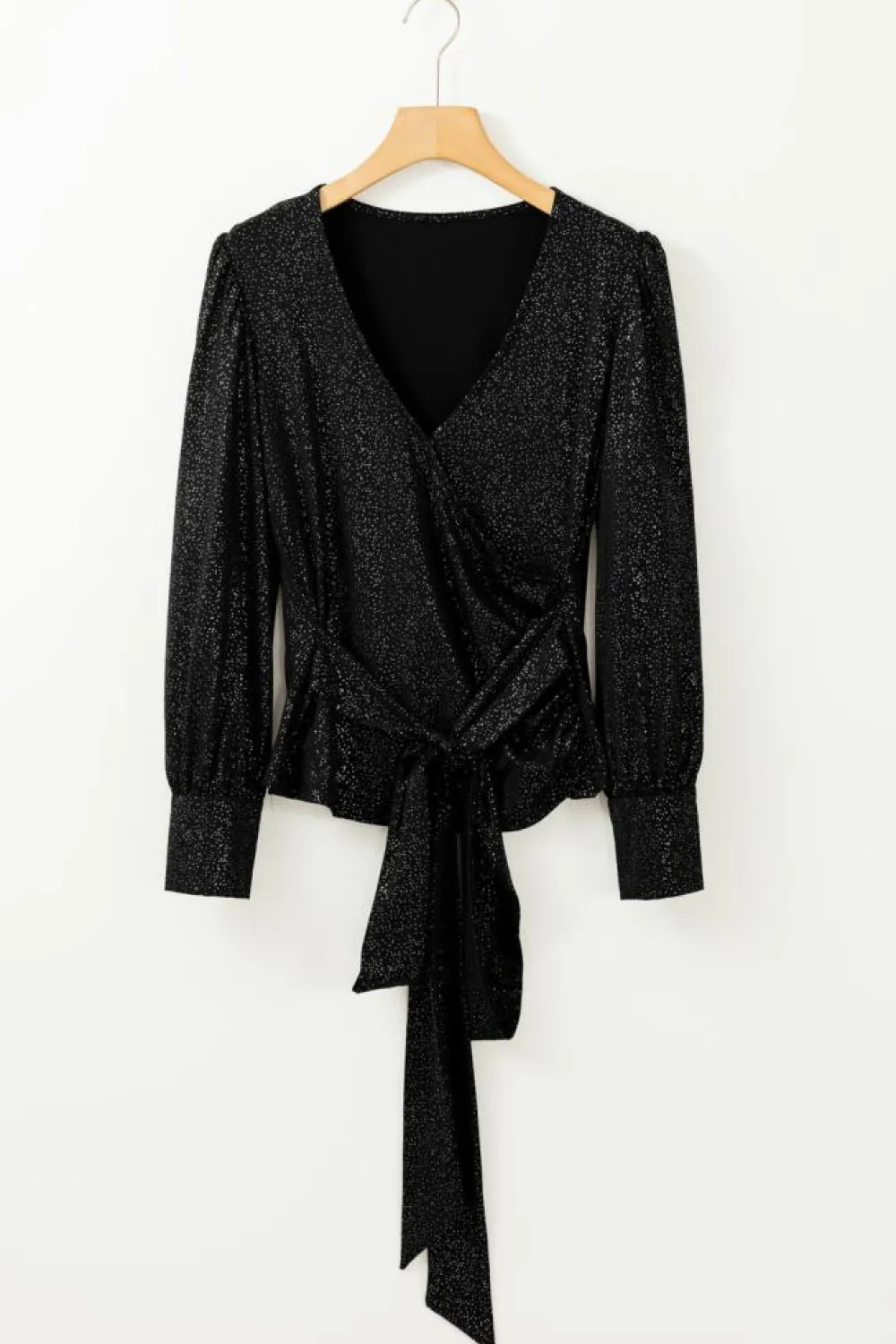 Best Dear-Lover Glitter Wrap V Neck Tie Hem Puff Sleeve Blouse Black