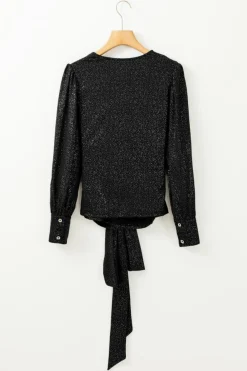 Best Dear-Lover Glitter Wrap V Neck Tie Hem Puff Sleeve Blouse Black