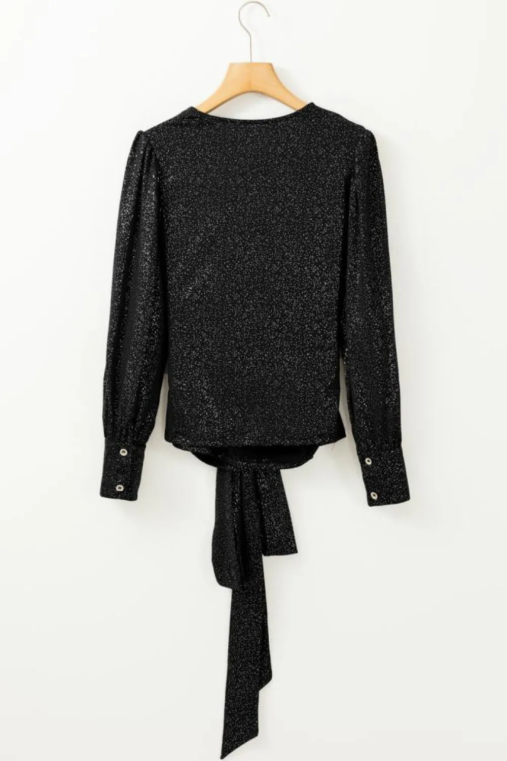 Best Dear-Lover Glitter Wrap V Neck Tie Hem Puff Sleeve Blouse Black