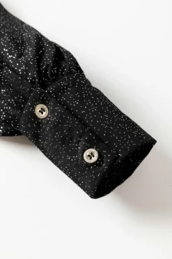 Best Dear-Lover Glitter Wrap V Neck Tie Hem Puff Sleeve Blouse Black