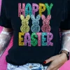 Clearance Dear-Lover Glittering Bunny HAPPY EASTER Graphic T Shirt Black