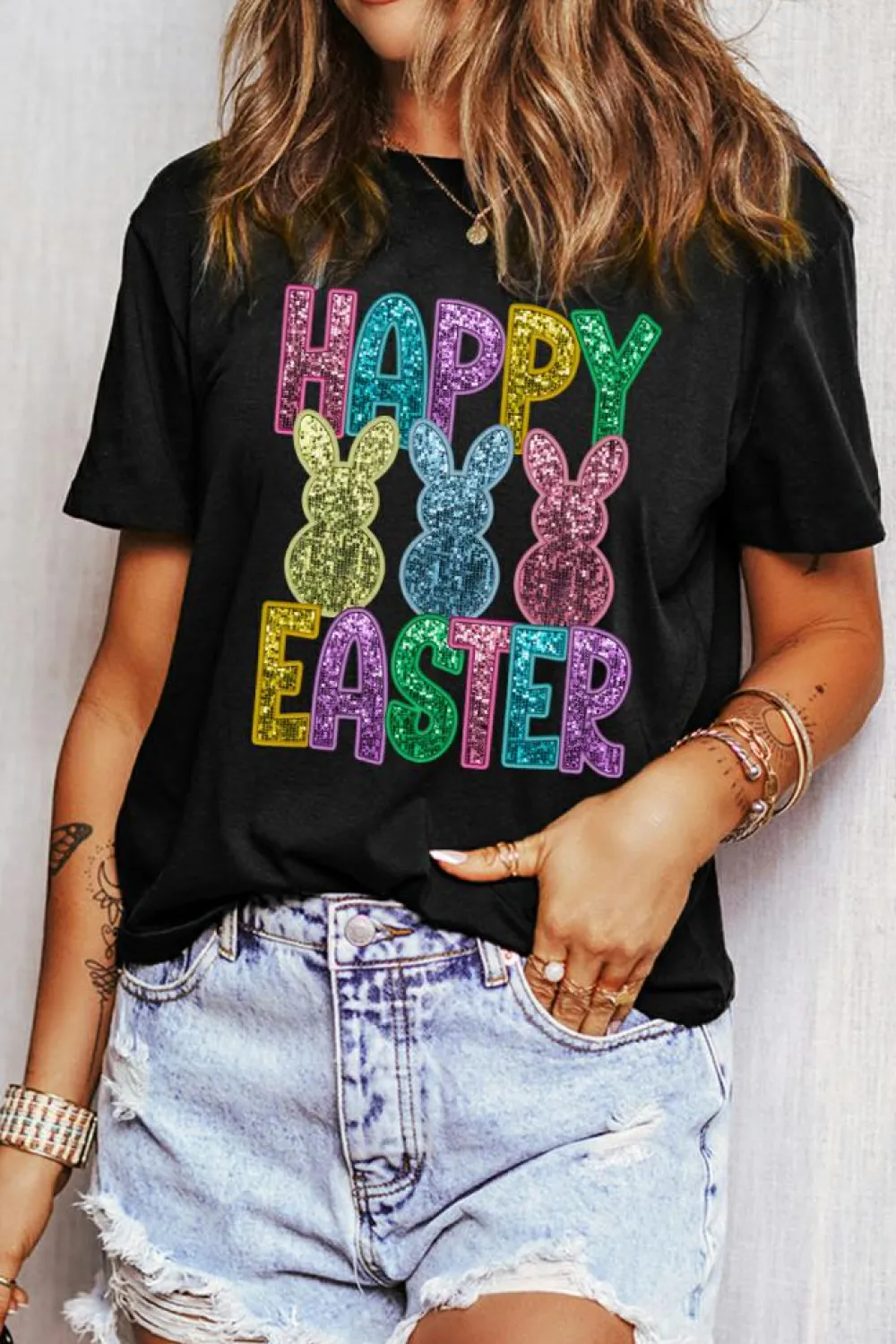 Clearance Dear-Lover Glittering Bunny HAPPY EASTER Graphic T Shirt Black