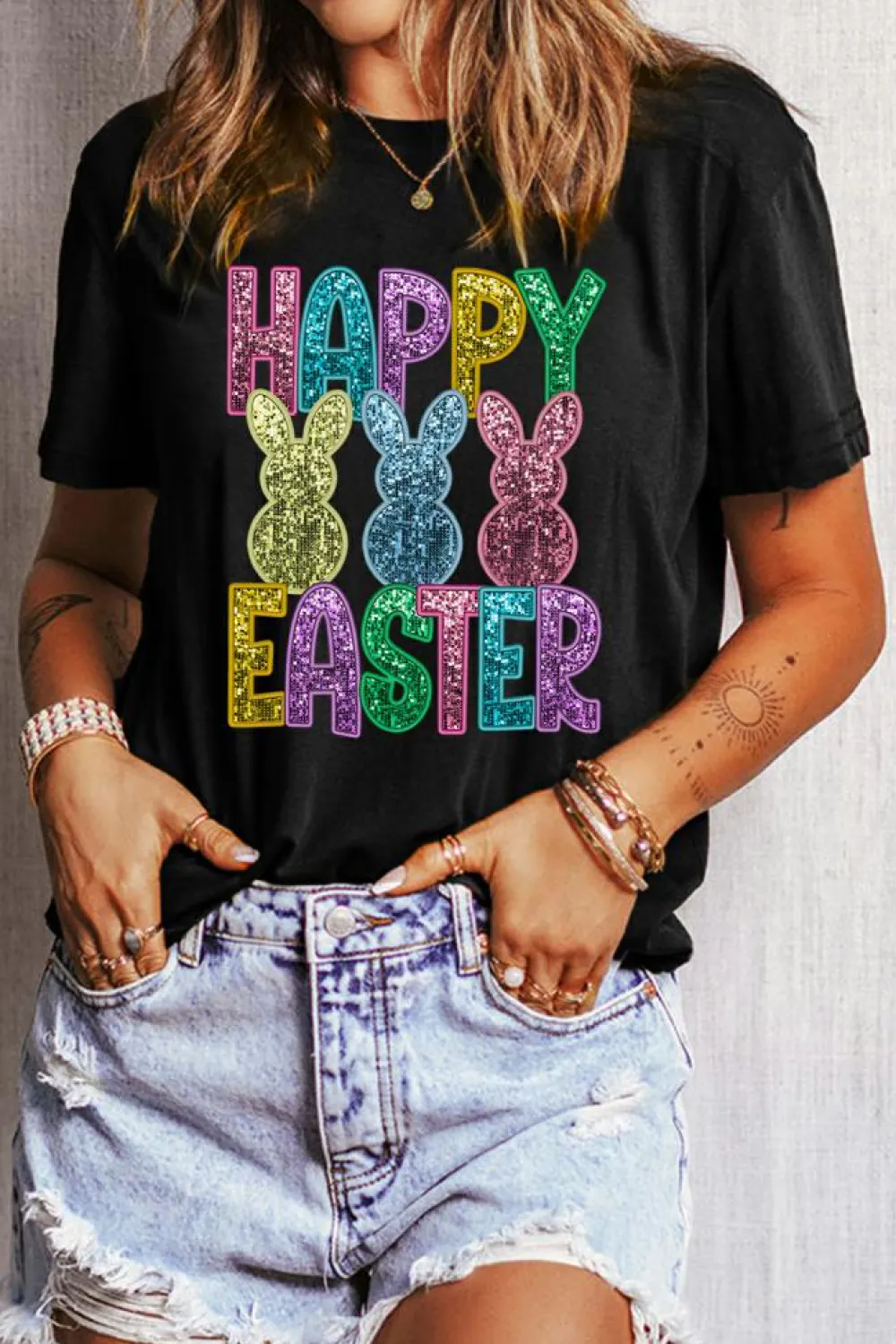Clearance Dear-Lover Glittering Bunny HAPPY EASTER Graphic T Shirt Black