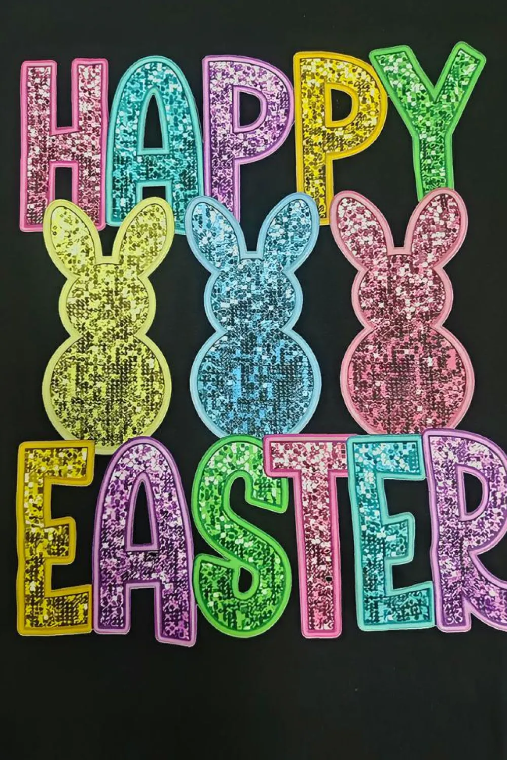 Clearance Dear-Lover Glittering Bunny HAPPY EASTER Graphic T Shirt Black