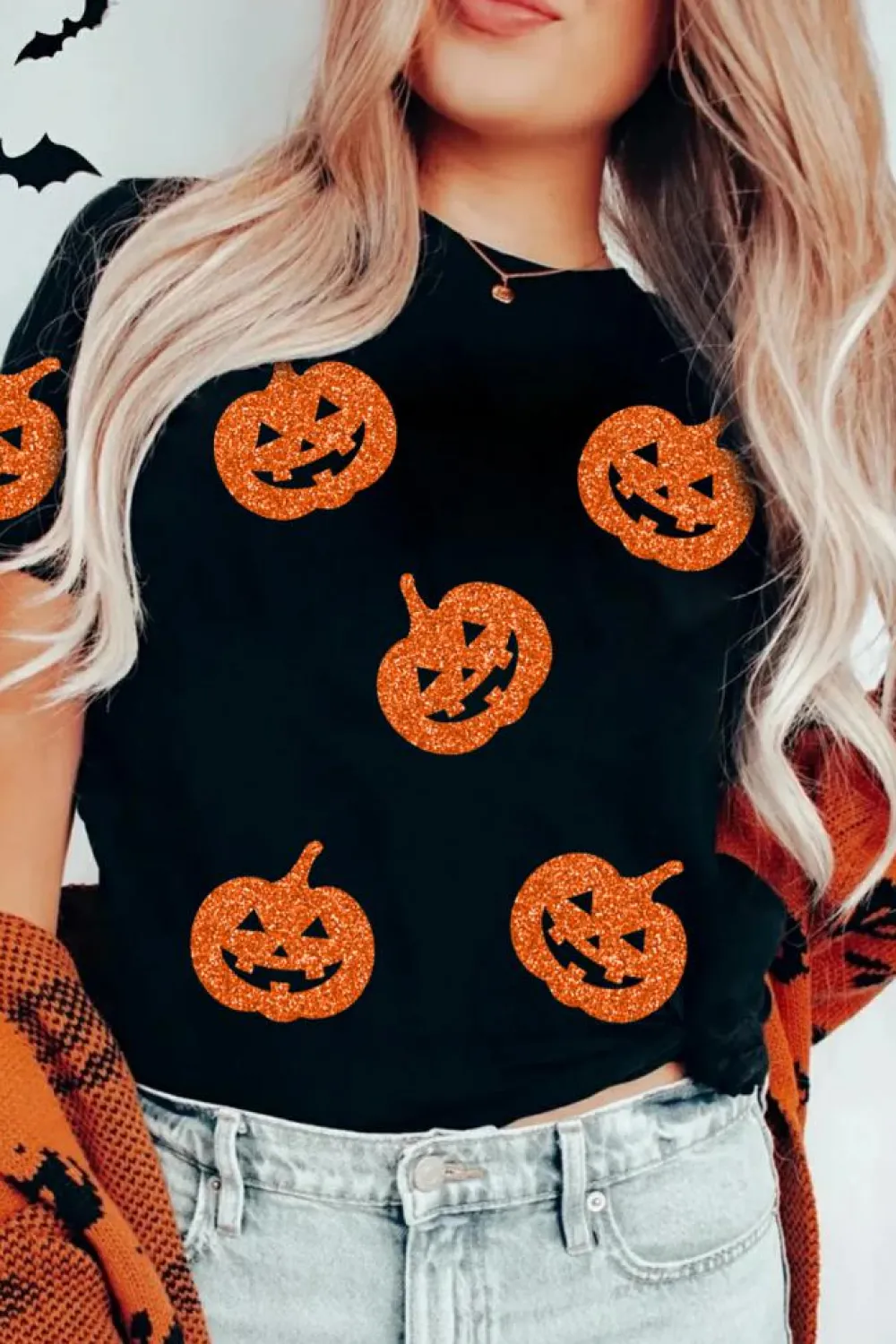 Fashion Dear-Lover Glittering Pumpkin Face Graphic Crewneck Halloween T Shirt Black