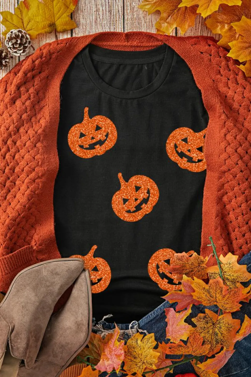 Fashion Dear-Lover Glittering Pumpkin Face Graphic Crewneck Halloween T Shirt Black