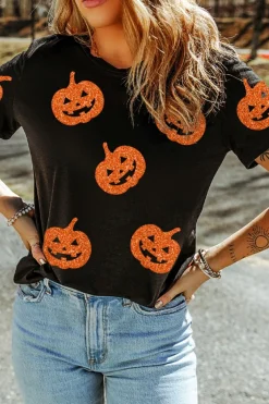 Fashion Dear-Lover Glittering Pumpkin Face Graphic Crewneck Halloween T Shirt Black