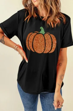 Best Dear-Lover Glittering Pumpkin Graphic Halloween T Shirt Black