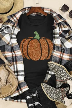 Best Dear-Lover Glittering Pumpkin Graphic Halloween T Shirt Black