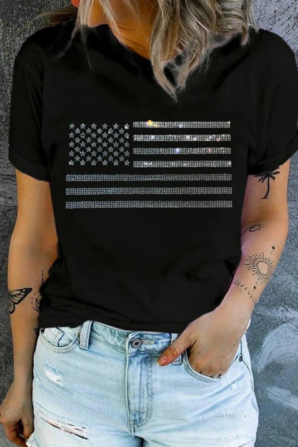 Online Dear-Lover Glittering Rhinestone American Flag Pattern T Shirt Black