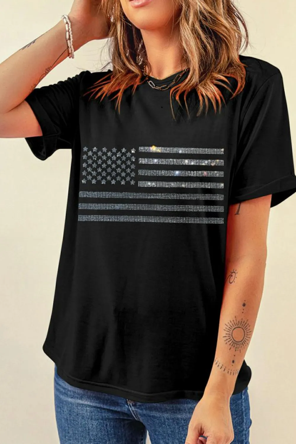Online Dear-Lover Glittering Rhinestone American Flag Pattern T Shirt Black
