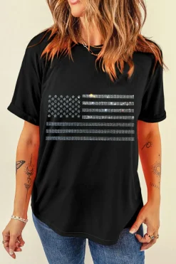 Online Dear-Lover Glittering Rhinestone American Flag Pattern T Shirt Black