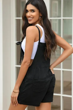 Discount Dear-Lover Grommet Tie Straps Casual Denim Romper Black