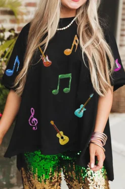 Fashion Dear-Lover Guitar Music Notes Patched Graphic Oversize Tee Black