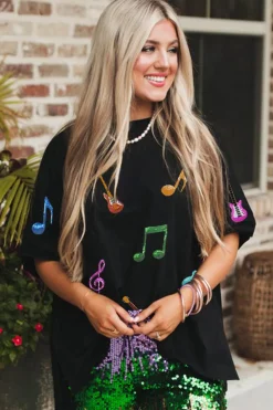 Fashion Dear-Lover Guitar Music Notes Patched Graphic Oversize Tee Black