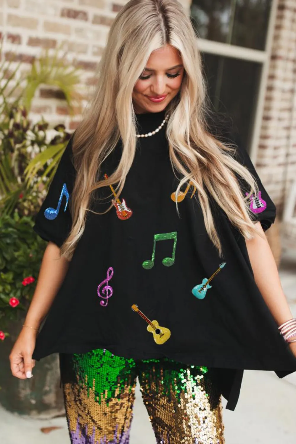 Fashion Dear-Lover Guitar Music Notes Patched Graphic Oversize Tee Black