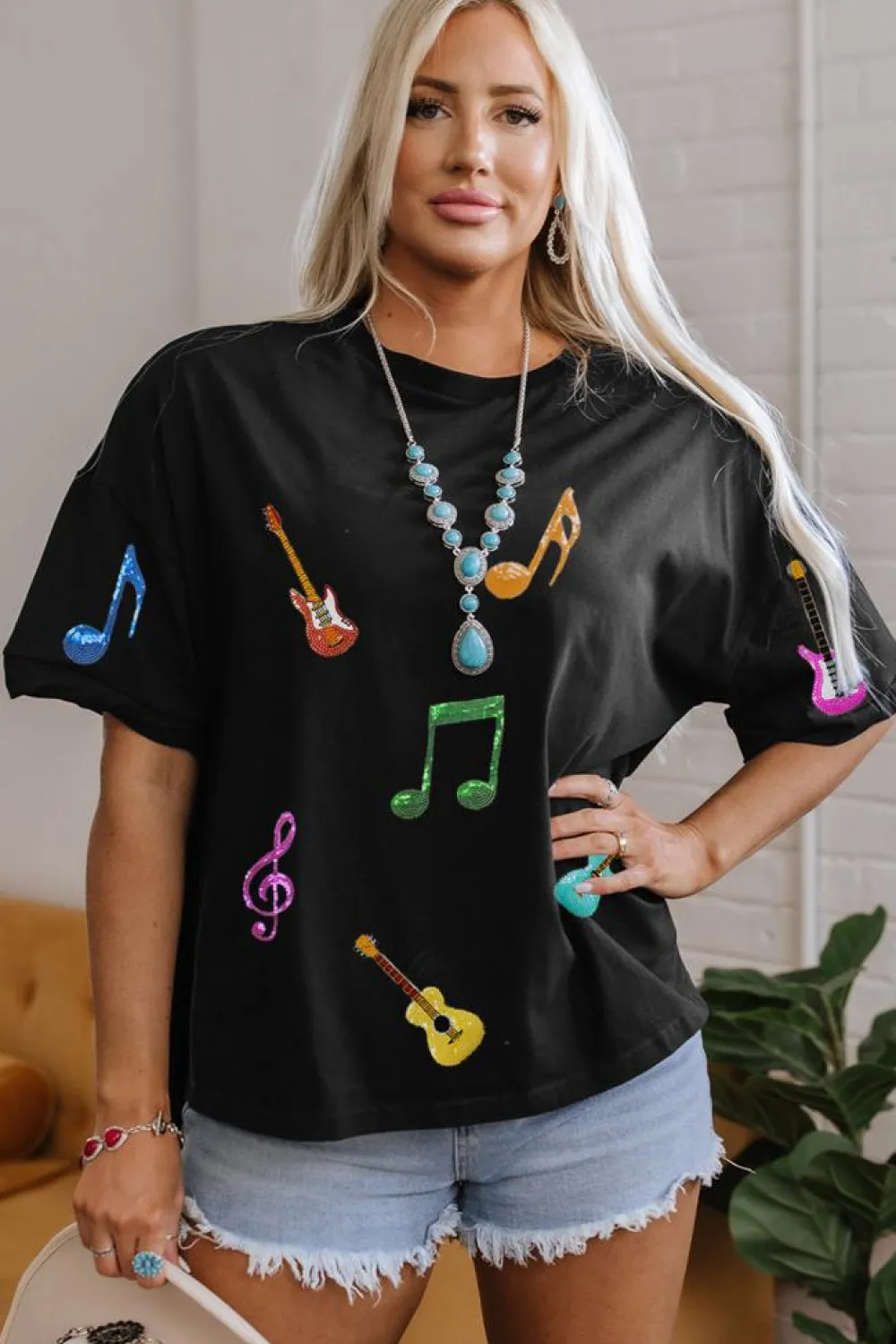 Fashion Dear-Lover Guitar Music Notes Patched Graphic Oversize Tee Black
