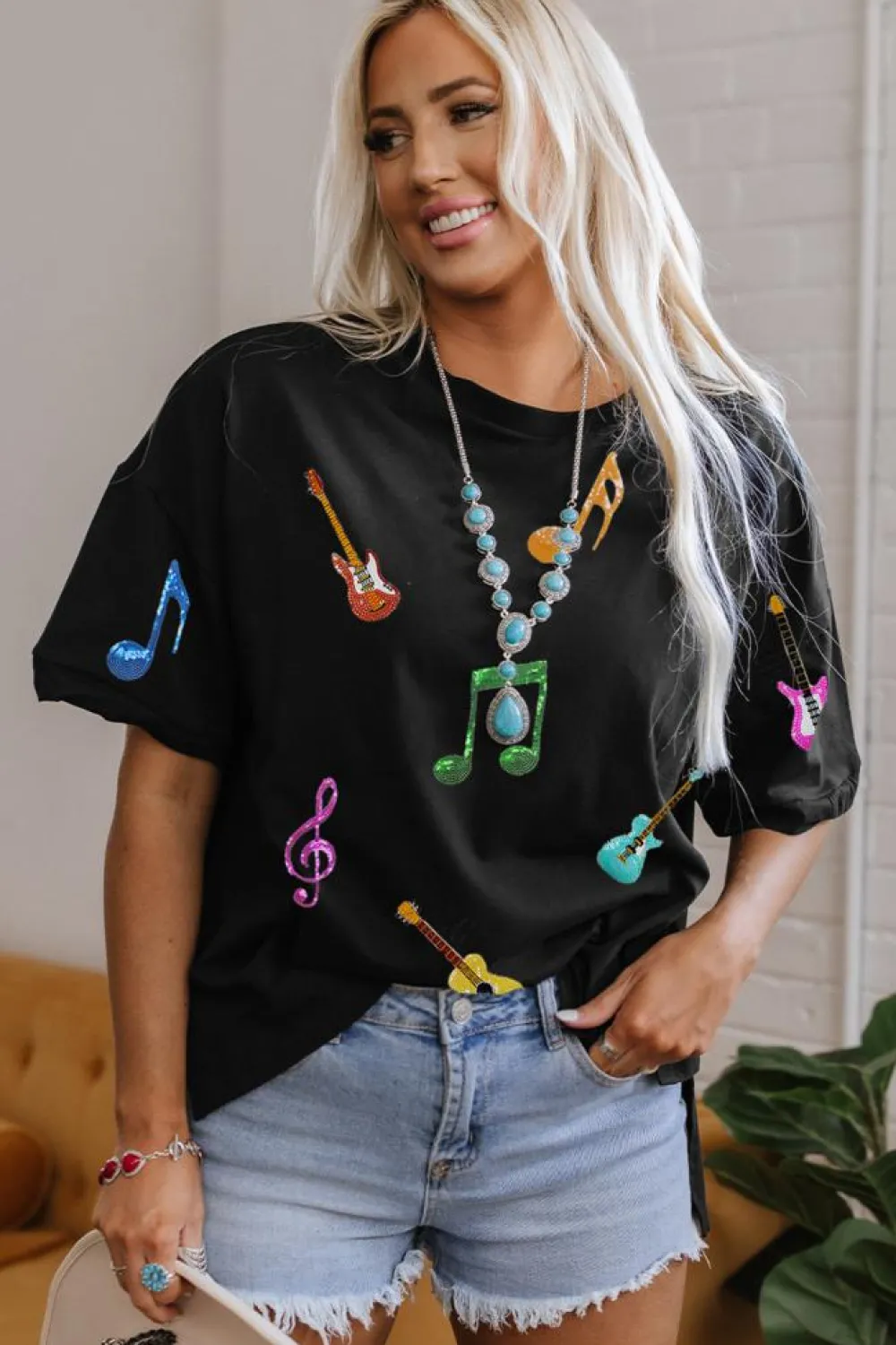 Fashion Dear-Lover Guitar Music Notes Patched Graphic Oversize Tee Black