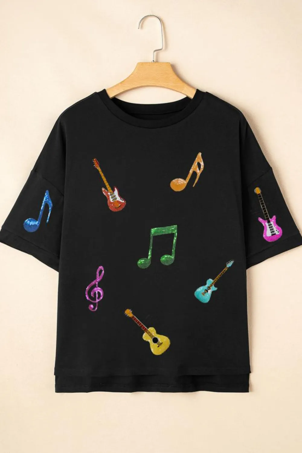 Fashion Dear-Lover Guitar Music Notes Patched Graphic Oversize Tee Black